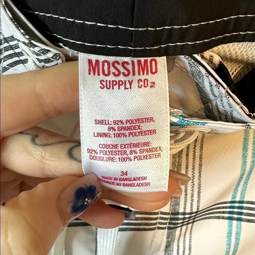 Mossimo Supply Co White Plaid Swim Shorts with Teal & Black Stripes-Size 34